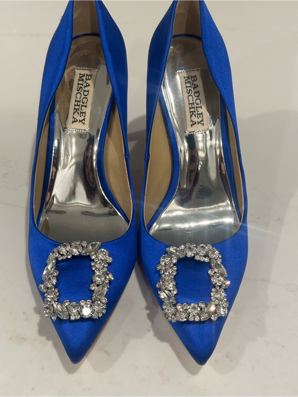 Badgley Mischka Electric Blue Satin Pointed Toe Pumps with Crystal Buckle